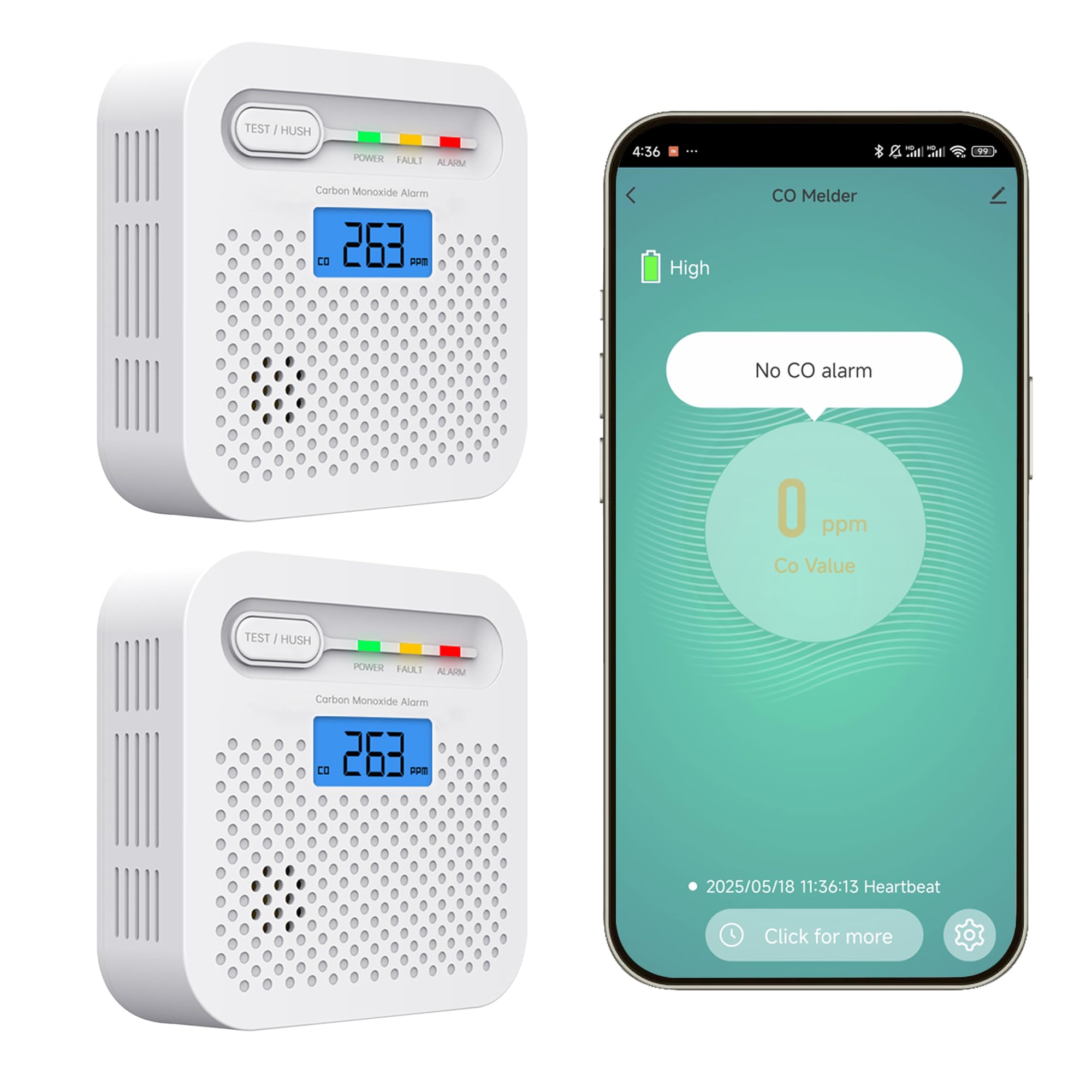 Detector de monóxido de Carbono Inteligente, Alarma de monóxido de Carbono con LED WiFi para el hogar, Detector de Alarma CO con monitoreo Remoto por App y batería de 10 años, Compatible Alexa. 2PCS