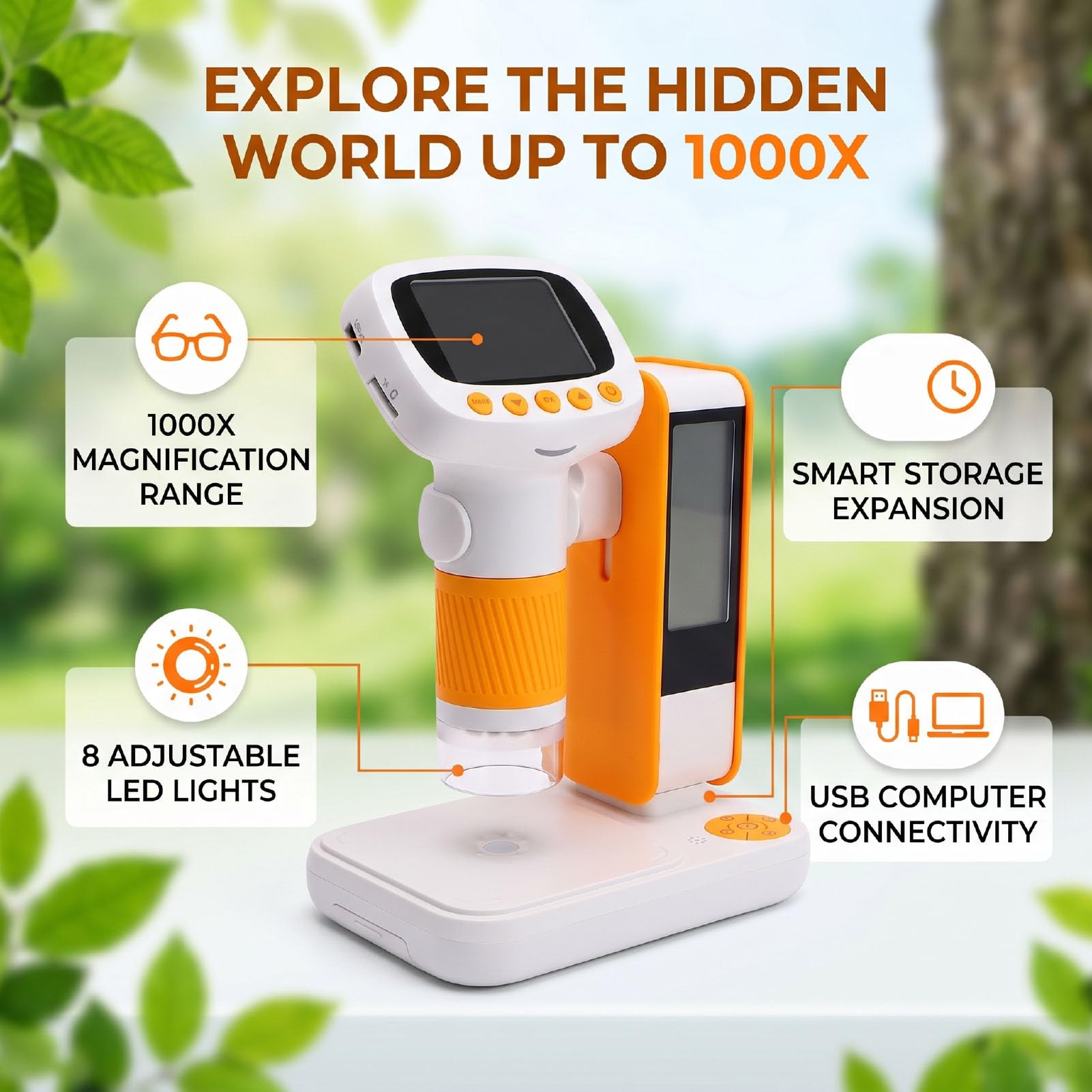 CCYLEZ Microscopio para Niños 50X-1000X, Microscopio Digital Portátil con 8 Luces LED Ajustables, Vídeo Fotográfico 1080P 2MP, USB a PC, Recargable, para Científicos Infantiles 3+