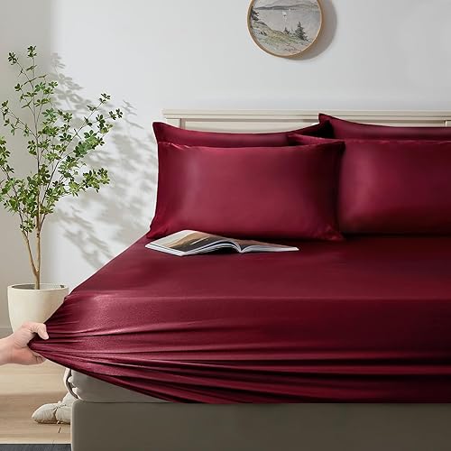 Miniatura 4 de Manyshofu Juego de funda de edredón de 6 piezas, color burdeos, tamaño Queen con sábana bajera de satén - No es edredón, refrescante y sedosa, funda
