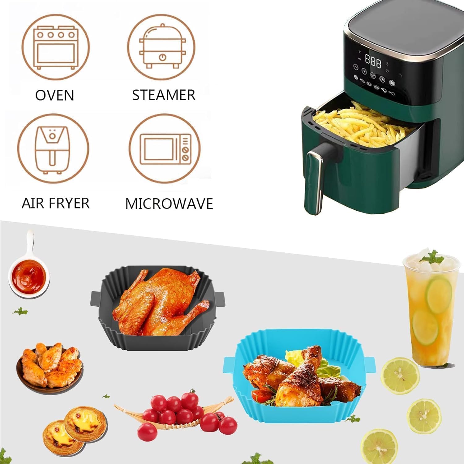 Xacton 2 PCS Silicone Air Fryer Tray 8 Inch | square Reusable Non-Stick Air Fryer Liner with Ear Handles | Heat Resistant Baking Tray Insert | Silicone Basket for Air Fryer, Cooking & Oven Accessories — Amazon image 6