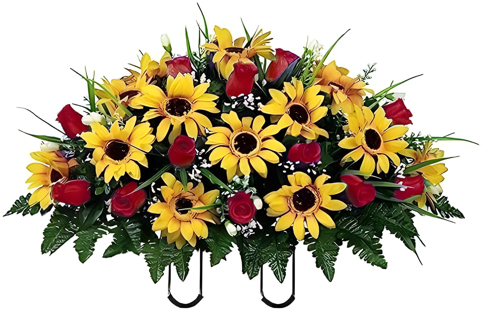 Artificial Sunflower Rose Cemetery Flowers - Realistic - Outdoor Grave Decorations Arrangement Saddle for Headstone,Outdoor Tombstone Memorial Decorations, Easy Fit (Red Yellow) image 3
