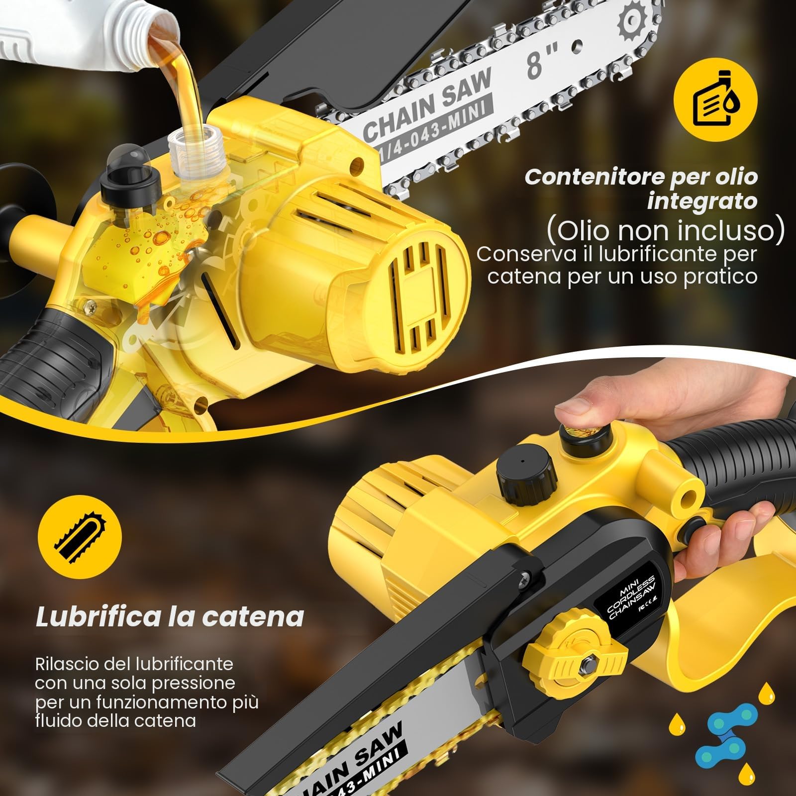 Motosega a Batteria, Motosega Elettrica 8000mAh,1000W 8 & 6 Pollici Sega Motosega Elettrica per Potatura con Pompetta Olio e Catena di Ricambio, Motosega da Potatura per il Taglio del Legno Giardini