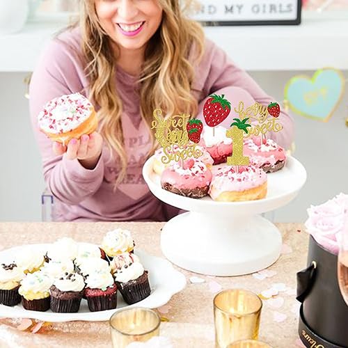 Miniatura 7 de Paquete de 24 adornos para cupcakes Sweet One con purpurina para primer cumpleaños, fresa, cupcakes, para frutas, baby shower, primer cumpleaños,