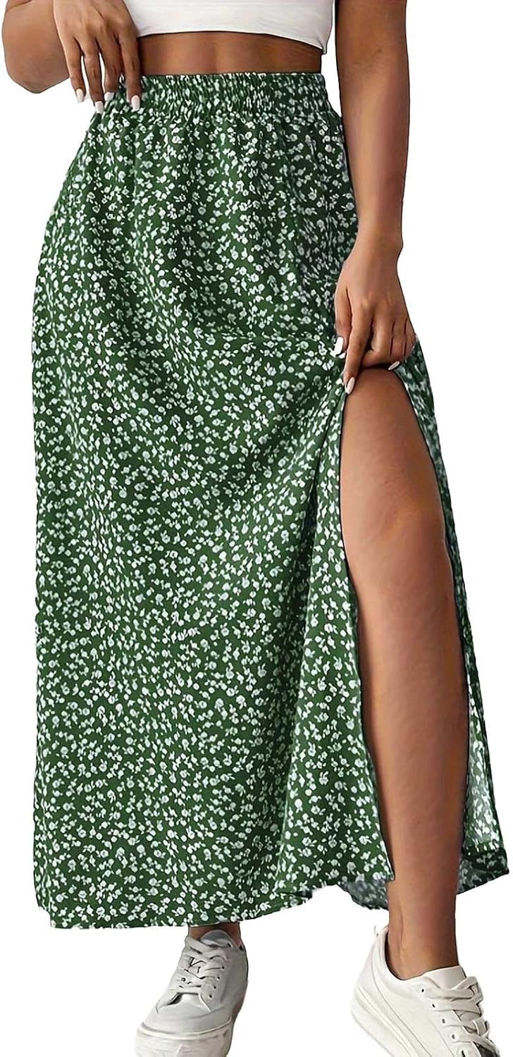 Skirts for Women Summer Boho Casual Maxi Flowy Elastic High Waist A-Line Side Split Floral Long Skirts with Pockets