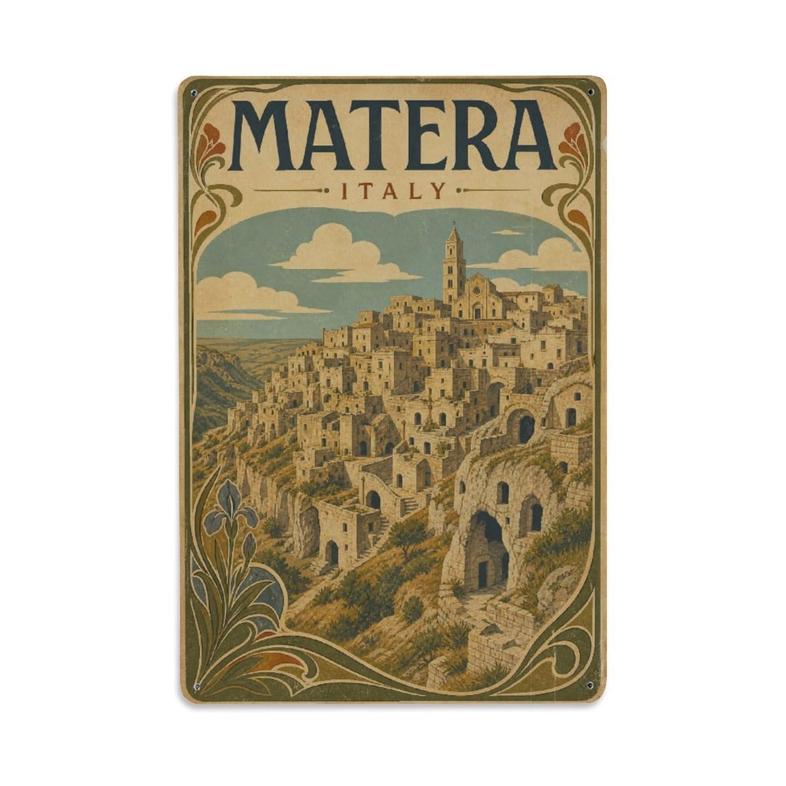 Vintage Travel Italy Matera Metal Tin Sign Plaque Wall Decor for Cafe, Club Bar, Office, Garden Metal Poster 8x12Inch