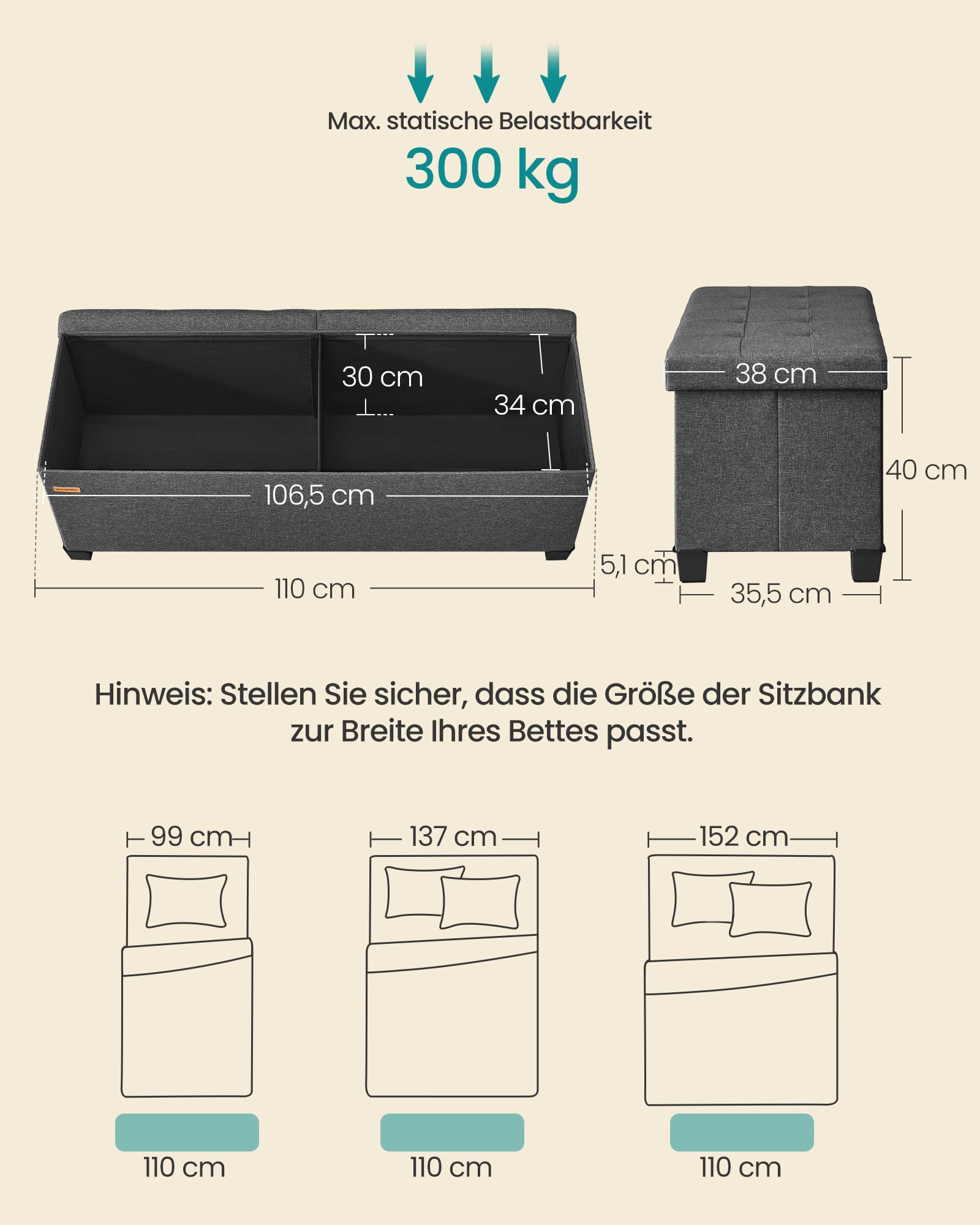 SONGMICS Sitzbank mit Aufbewahrung, mit Beinen, Aufbewahrungsbox, faltbar, mit klappbarem Deckel, Sitzbank, für Wohnzimmer, Schlafzimmer, Eingang, Stoff in Leinenoptik, 110 cm, Schiefergrau LSF079GN01