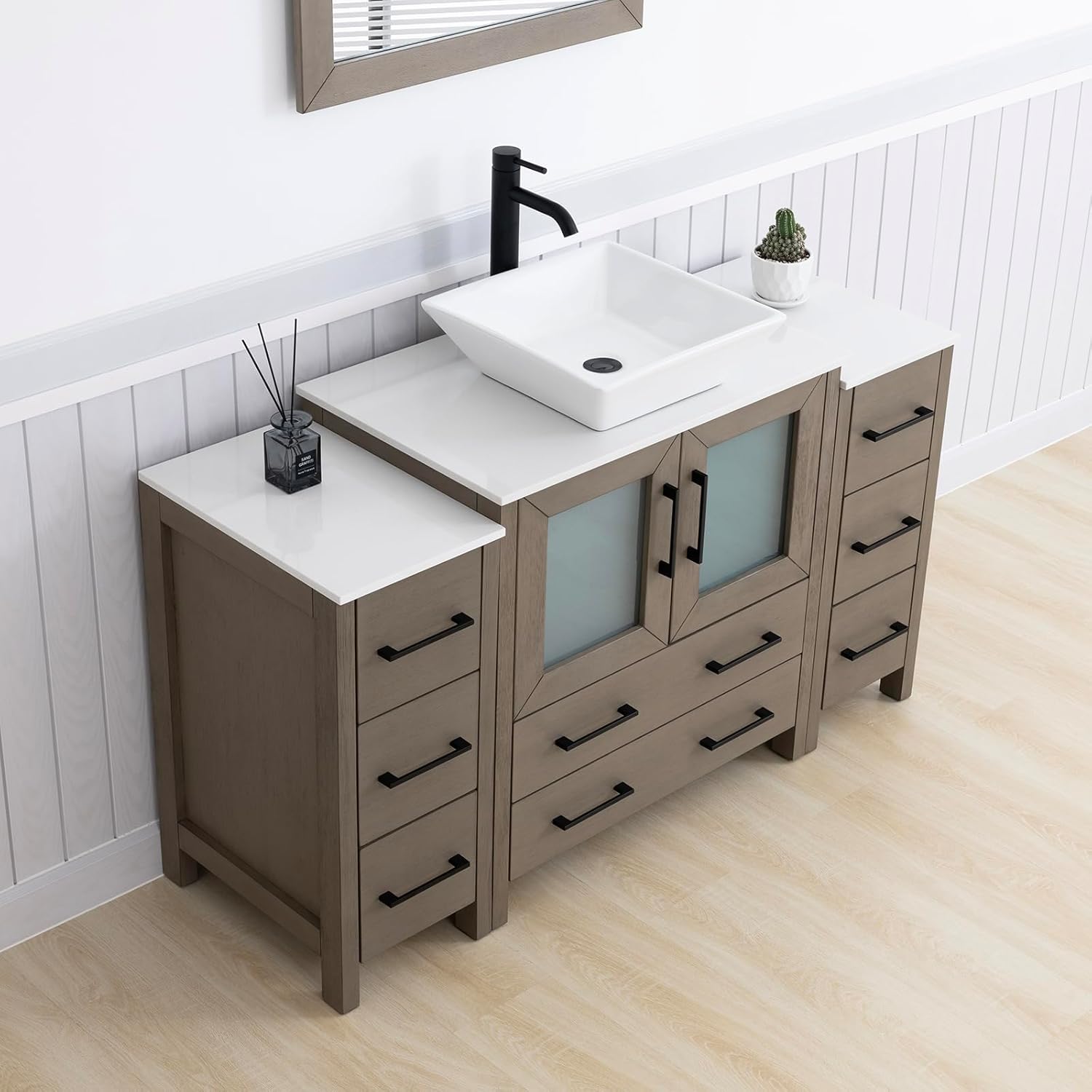 Vanity Art 54 Inch Vessel Single Sink Bathroom Vanity Cabinet with 1 Mirror, Engineered Marble Top Bathroom Cabinet Compact Set with 8 Dovetail Drawers and Soft Closing Doors, VA3130-54DG