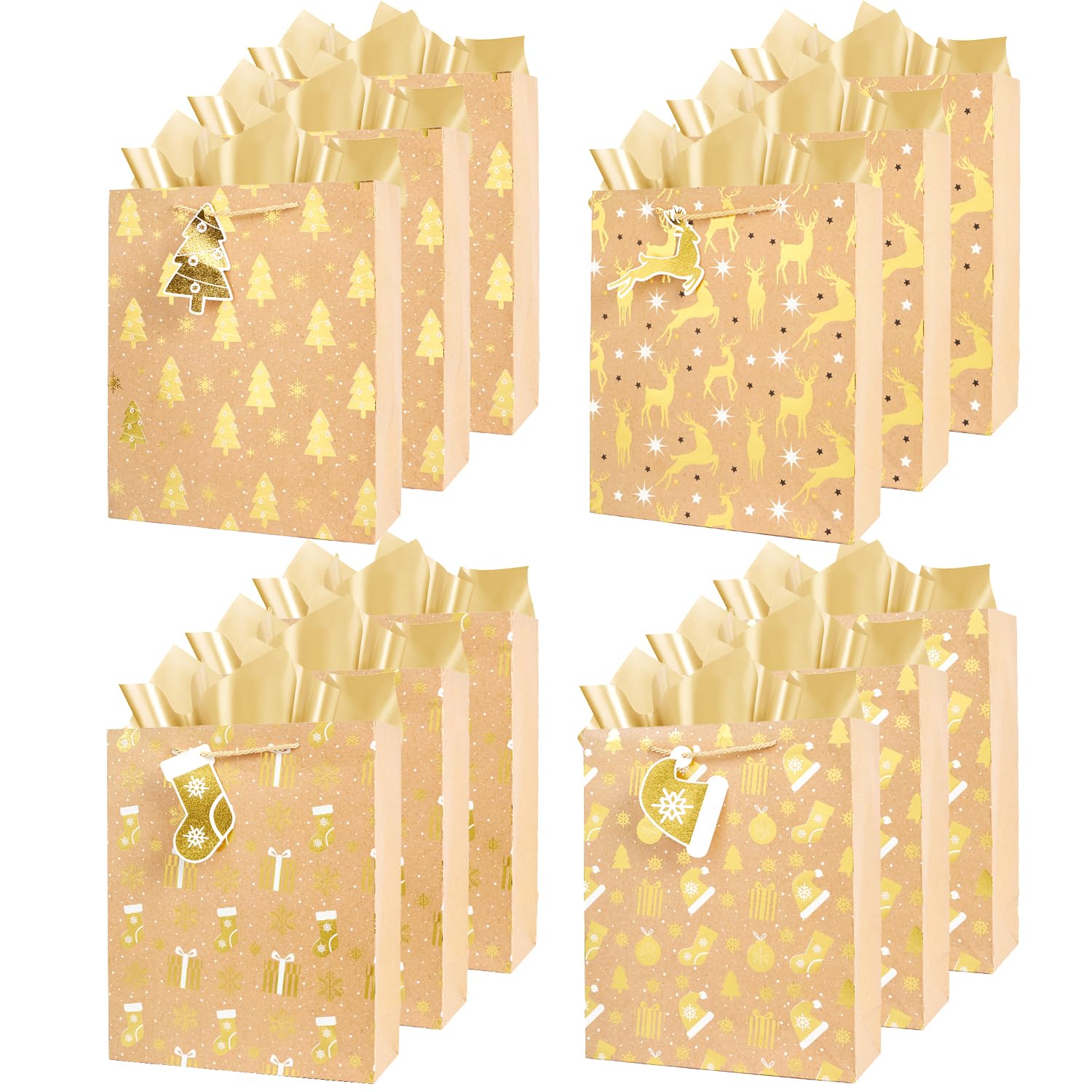 12Pack Christmas Paper Gift Bags,Medium Sizes Gift Bags with Handle and Tissue Paper for Wrapping XMAS Present (Brown)