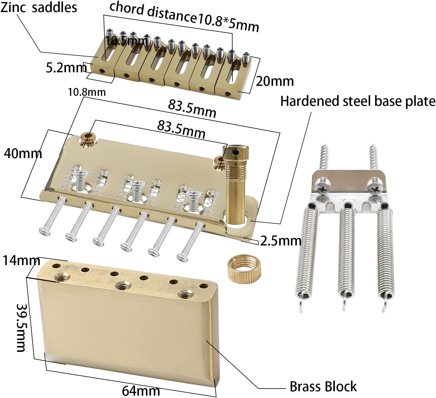 10.8mm Electric Guitar Bridge Gold 2-Point Tremolo Bridge with Zinc Alloy Saddles Brass Block 6 String Guitar Bridge Compatible with Start ST Electric Guitar Replacement Parts