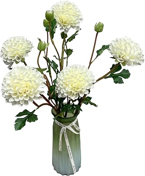 ATFL Artificia Dahlial White Silk Flowers 24in Fake Long Stem Flower 5 Pcs