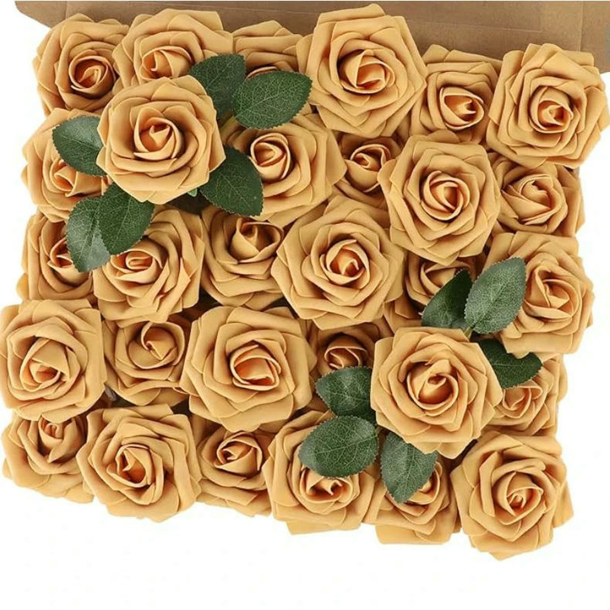 AYHTUD 10~100pcs Rose Artificial Flowers Foam Fake Roses Wedding Bouquets Centerpieces Mothers Day Valentines Party Decoration-gold-15pcs no box leaves
