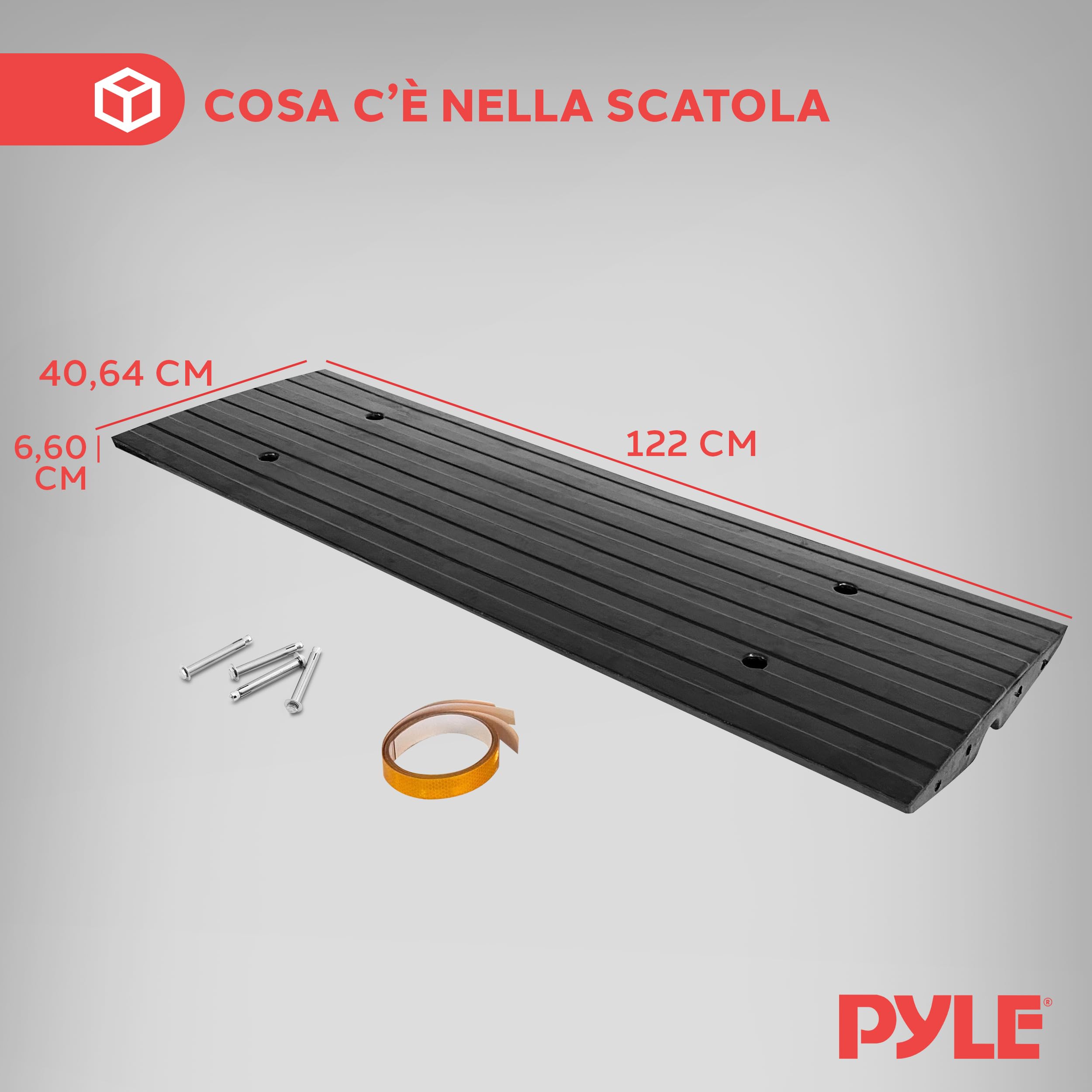 Pyle Rampa Auto in Gomma 120x40x6,5 cm, Rampe per Auto Antiscivolo Impermeabili con Strisce Riflettenti Gialle e Viti di Fissaggio