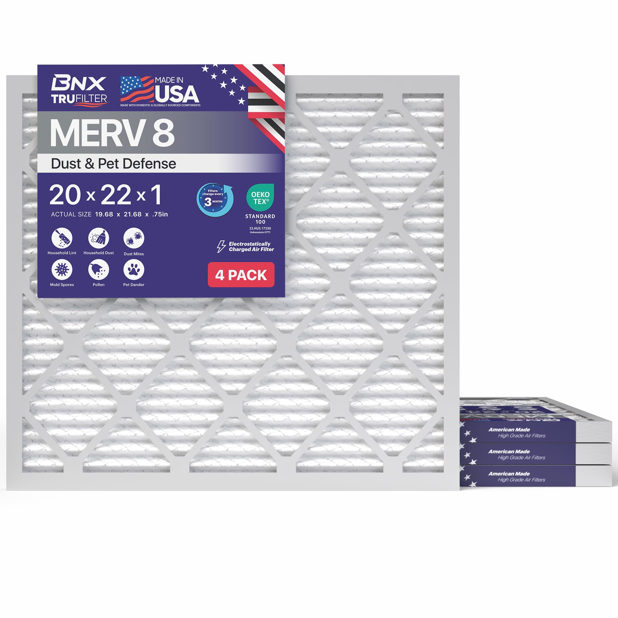 BNX TruFilter 20x22x1 Air Filter MERV 8 (4-Pack) - MADE IN USA – Dust &amp; Pet Defense Electrostatic Pleated Air Conditioner HVAC AC Furnace Filters for Dust, Pet, Mold, Pollen MPR 600 – 700 &amp; FPR 5