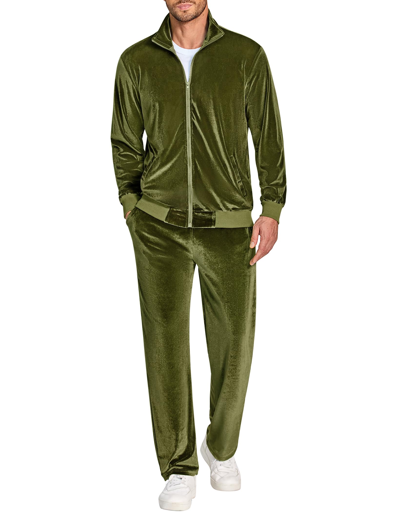 Survêtement velours homme vert militaire COOFANDY ensemble jogging avec veste zippée col montant L - 6