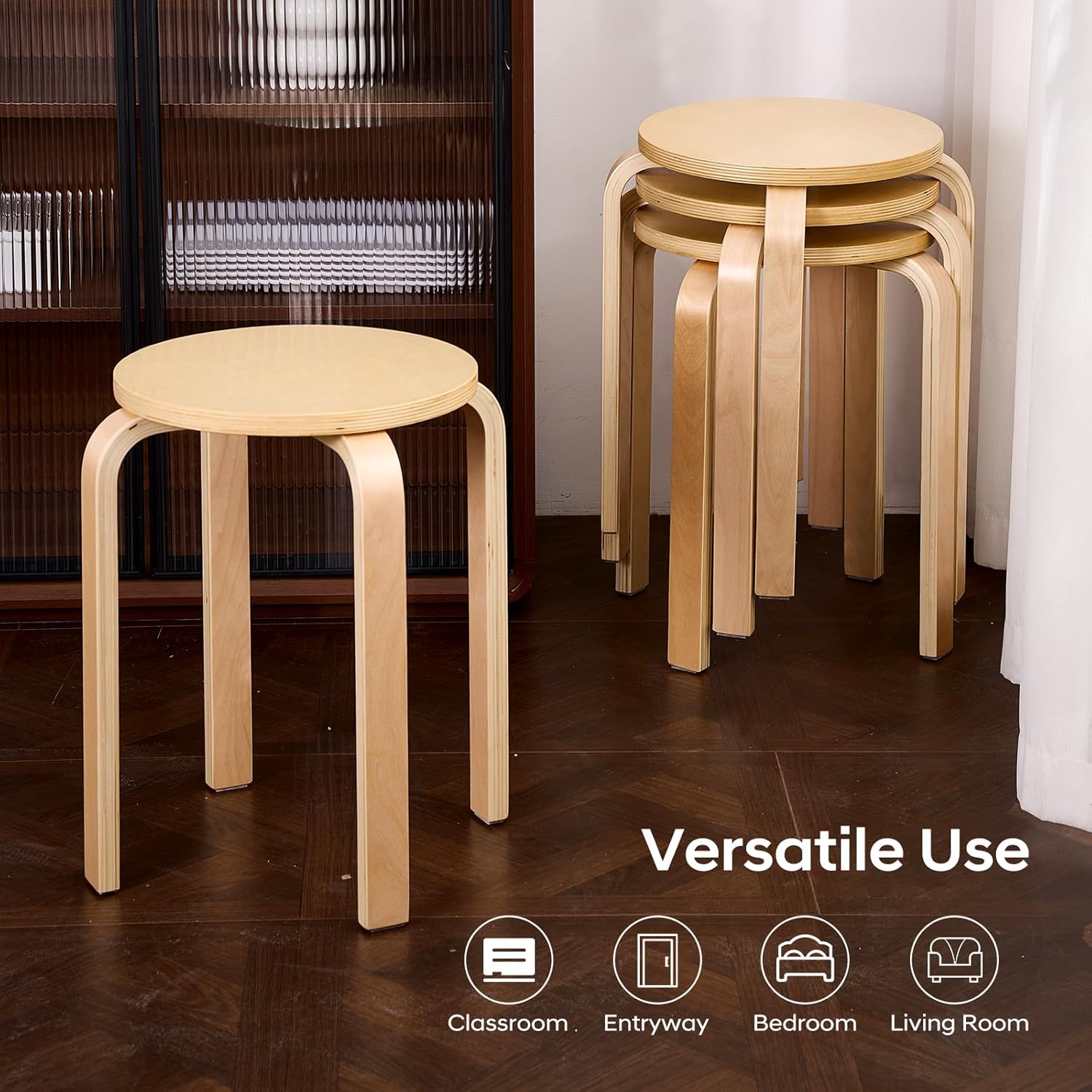 Stackable Bentwood Stool Set of 6，18" Round Stacking Backless Nesting Stools，Anti-Slip Felt Pad,Portable School Stool，Suitable for classrooms, Dining Rooms, Kitchens，Birch