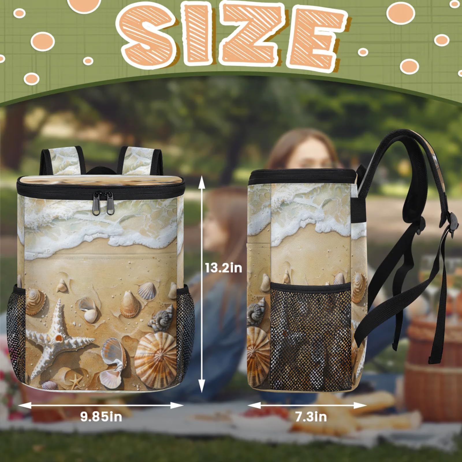 CNNINGYI Large Waterproof Insulated Cooler Backpack, Starfish Beach Leak Proof Backpack 30 Cans, Seashell Hawaiia Tropical Lightweight Cooler Bag for 12h Hot/Cold Retention