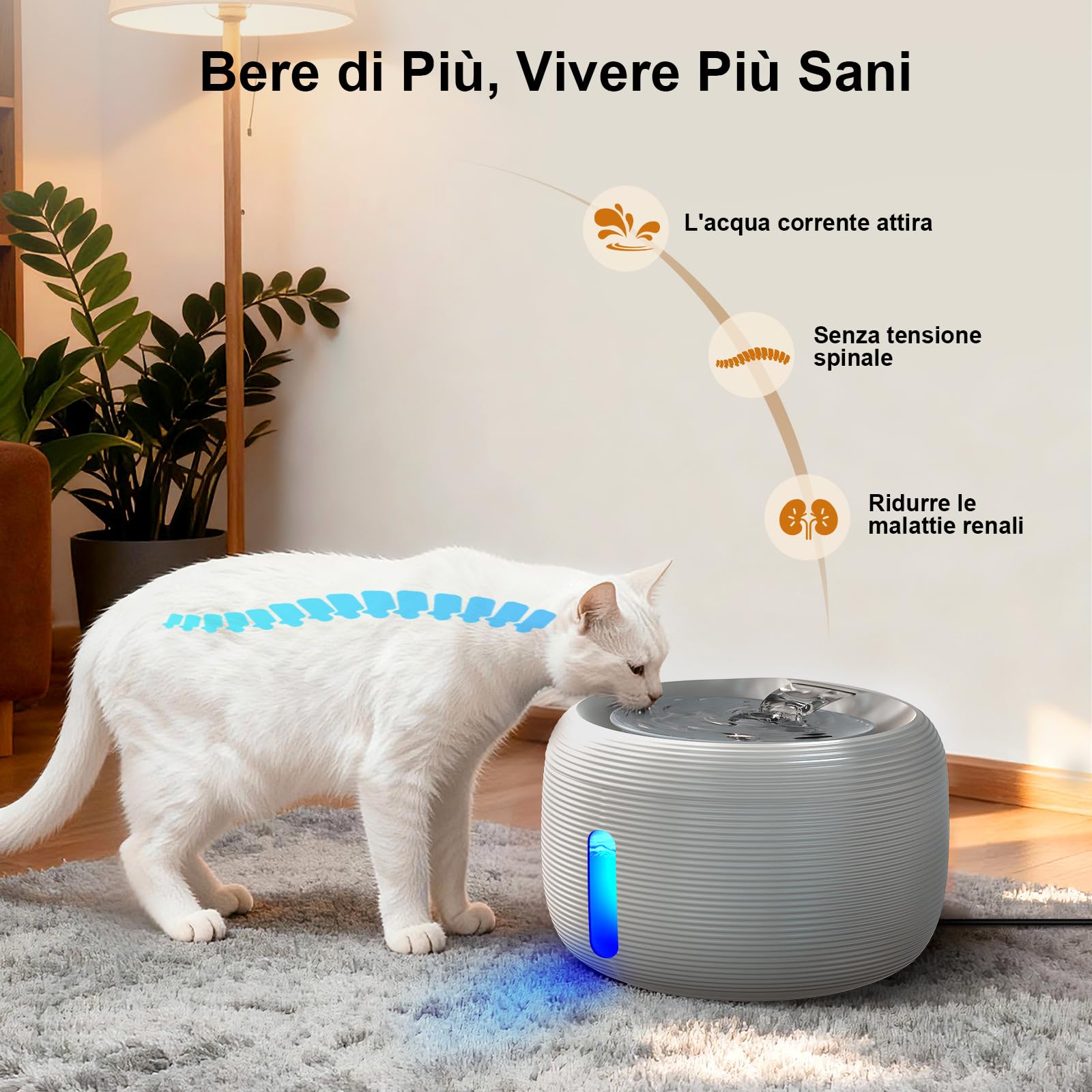 SIBAYS Fontanella per Gatti - 3.5L Fontana per Gatti con Pompa 25dB Ultra Silenziosa & Finestra a LED - Fontanella per Cani con 2 Filtri a Carbone Attivo, Senza BPA, Filtrazione Profonda, FS77 (GY)