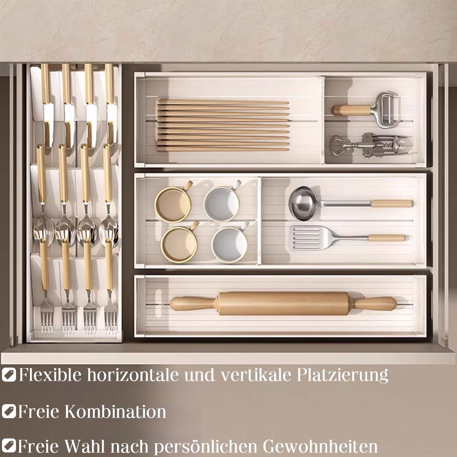 Organisateur de tiroir à Couverts – Plateau à ustensiles en Aluminium avec séparateurs réglables, Insert de tiroir combinable et Personnalisable pour la Cuisine, Rangement Polyvalent pour co