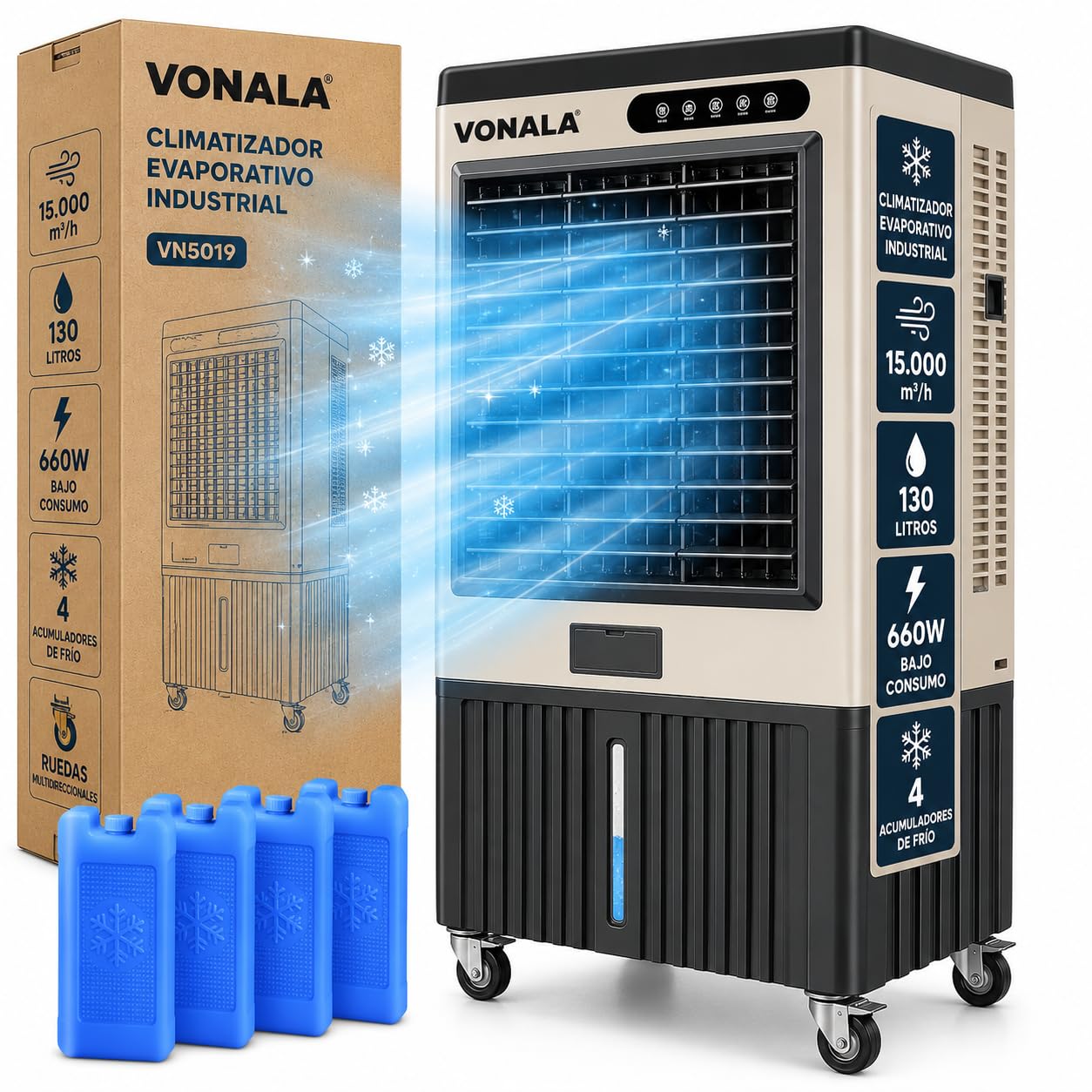 Climatizador Evaporativo Industrial Ultra Frío 15000m3/h, Cobertura 90m2, 130L, 660W, Evaporador Aire Acondicionado Bajo Consumo, Climatizador Industrial Portátil, Climatizador Evaporativo y Enfríador