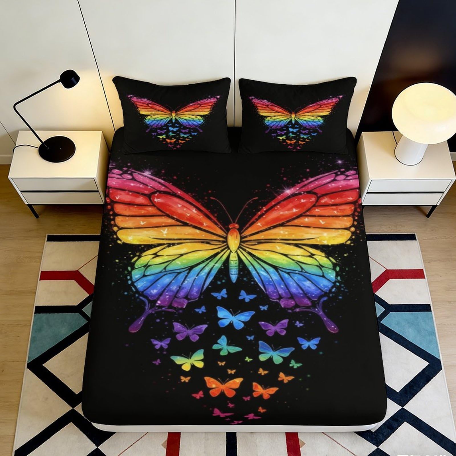 3D Printed Rainbow Butterfly Fitted Sheet Microfiber Black Bed Cover for Bedroom Dorm Decor Mattress Protection 90x200x25cm