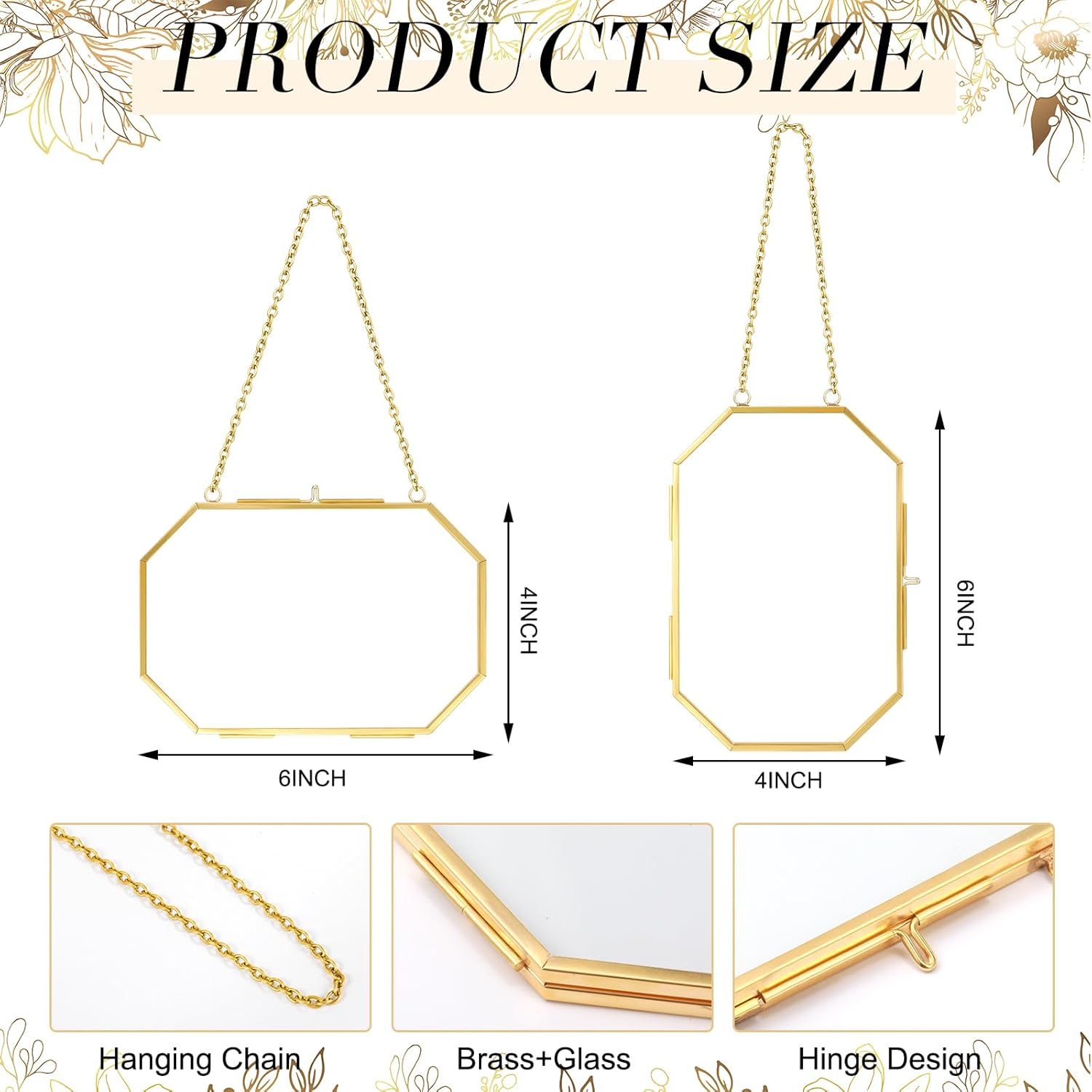 Spiareal 8 Pcs Octagon Glass Pressed Flower Frame 4 x 6 Inch Double Clear Hanging Floating Frame with Chain Gold Geometric Herbarium Glass wall Picture for Dried Flower Plants Home DIY Wall Decor