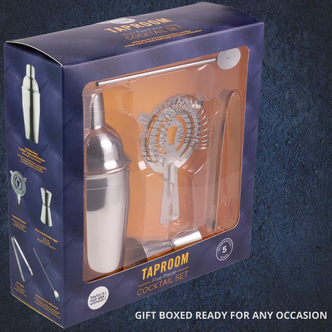 Juego de 5 piezas de mezcla de cócteles – El kit incluye coctelera de acero inoxidable (estilo de zapatillas), colador, doble medida de alcohol, pinzas de hielo y pajita de metal con agitador. Para