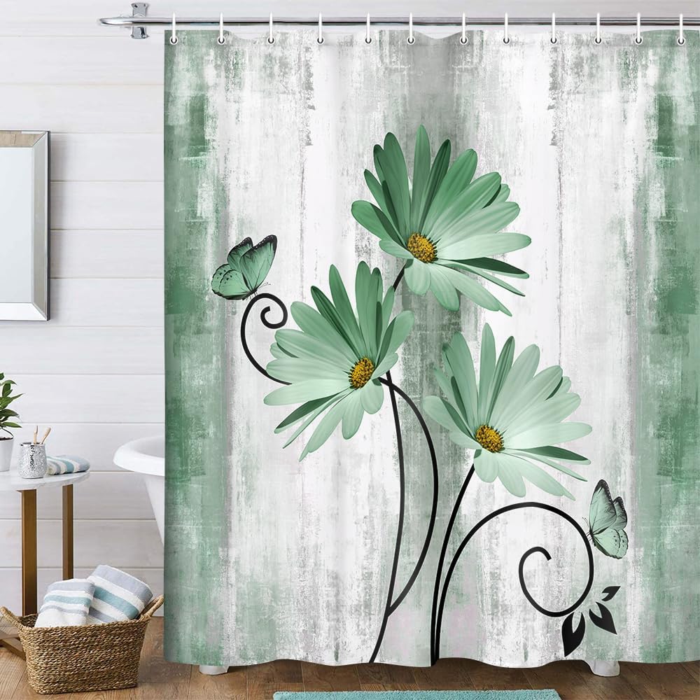 Rustic Farmhouse Shower Curtain, Farm Sage Green Daisy Floral Flowers and Butterfly on Country Wooden Shower Curtain for Bathroom, Turquoise Teal Gray Grey Shower Curtain with 12PCS Hooks, 70X70IN