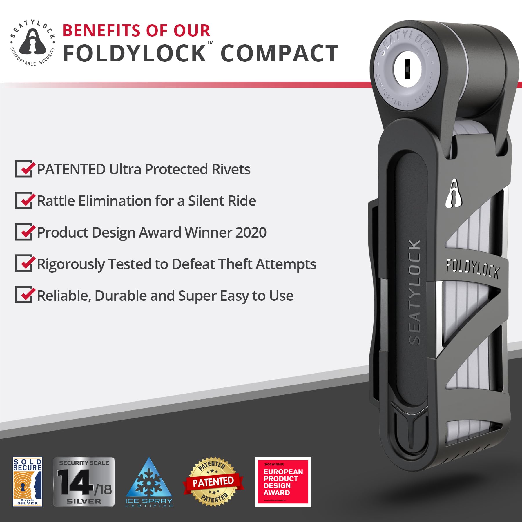Seatylock FoldyLock Compact Antivol Velo Pliable - Anti Vol Velo Solide Pliable - Antivol Ultra Leger pour Vélo et Trottinette - 3 Ans de Tranquillité d'Esprit - 85 cm