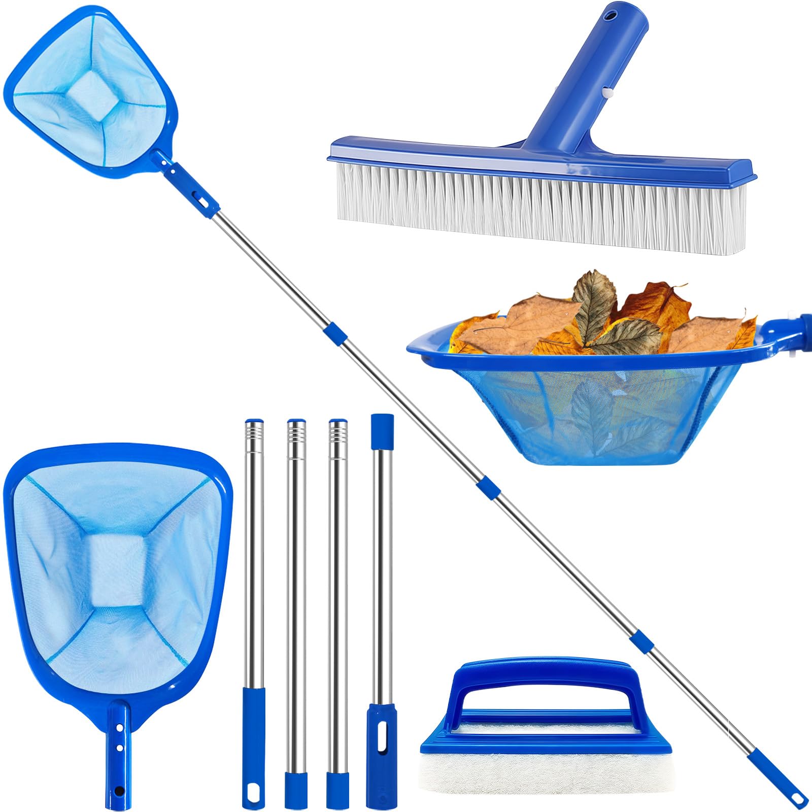 4BAOHUI Brosse de piscine avec manche en acier inoxydable, épuisette avec manche télescopique, kit de balai de piscine, brosse de nettoyage pour piscine, épuisette pour nettoyer les feuilles de