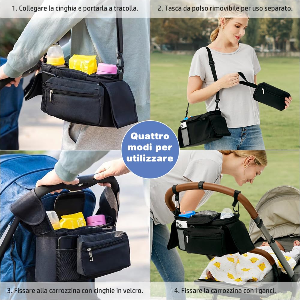 Organiseur de poussette pour bébé avec 2 porte-gobelets, organisateur de poussette avec bandoulière et 2 crochets sécurisés, accessoires de poussette avec poche zippée (noir)