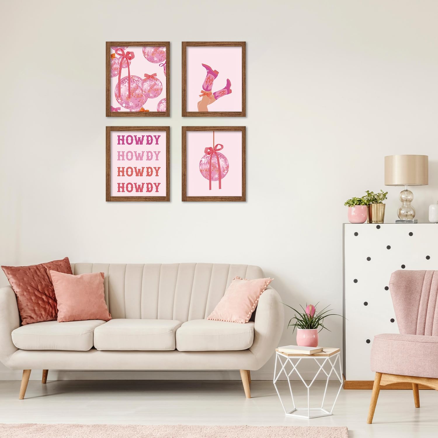 JWVK Pink Preppy Western Diamond Art Kits 4 Pack, Trendy Coquette Pink Bow Disco Ball Howdy DIY Diamond Gem Painting Art Kits for Girls Kids Adults Beginners, Preppy Cowgirl Room Decor 10x11.8 Inch