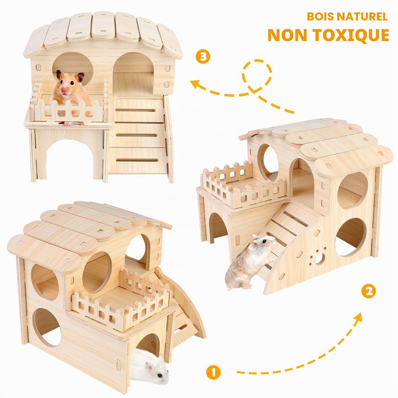 Maison Hamster,Maison en Bois pour Hamster,2 Etages Maisonnette pour Hamster,Hamster Maison d'angle,Jouet pour Hamster,Maison Cochon d'inde,Accessoire Hamster pour Hamster Nain Cochon Gerbille Rongeu