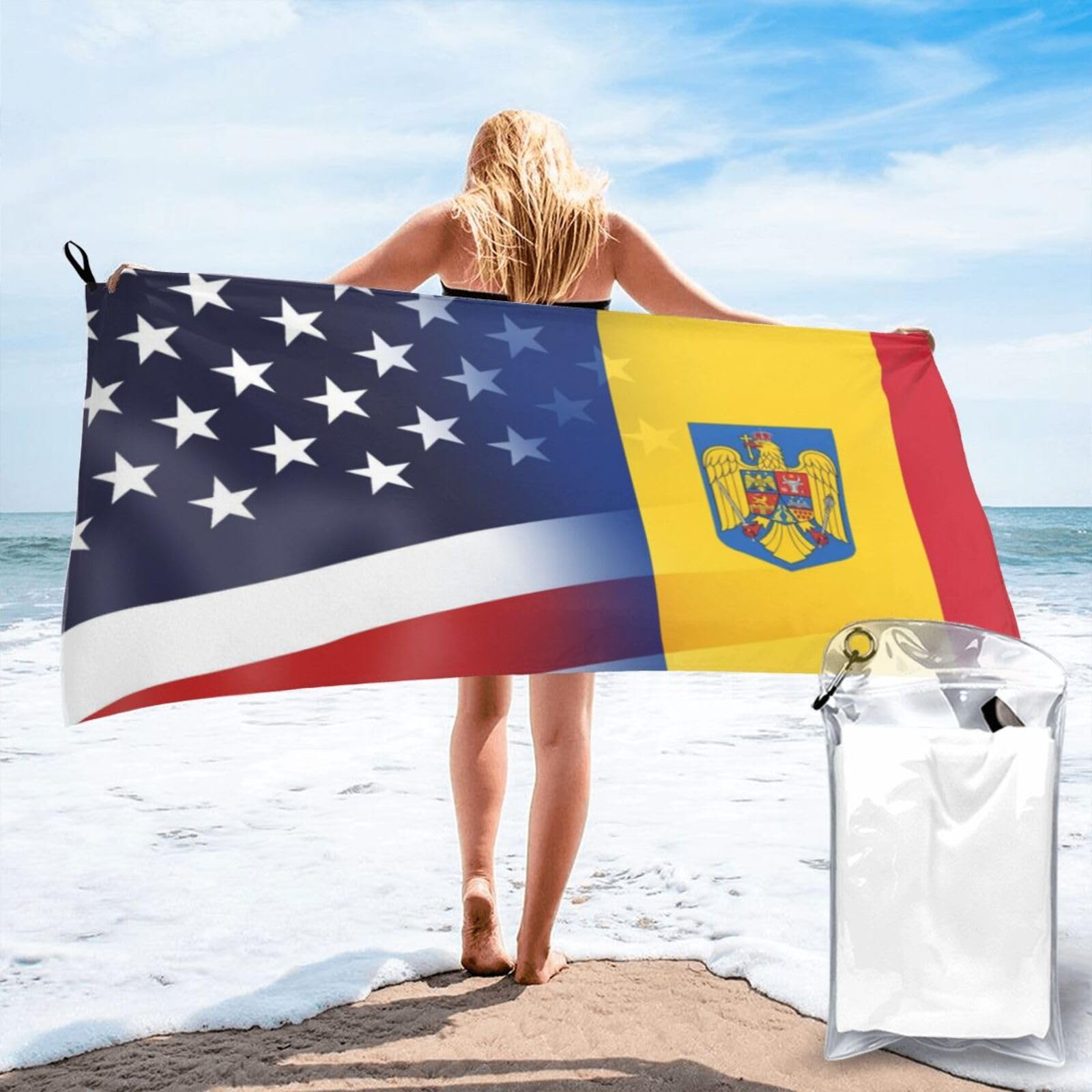 HACXZ Funny America Flag and Romania Romanian Flag Absorbent Beach Towel Microfiber Beach Shower Towel 31.5"X63"