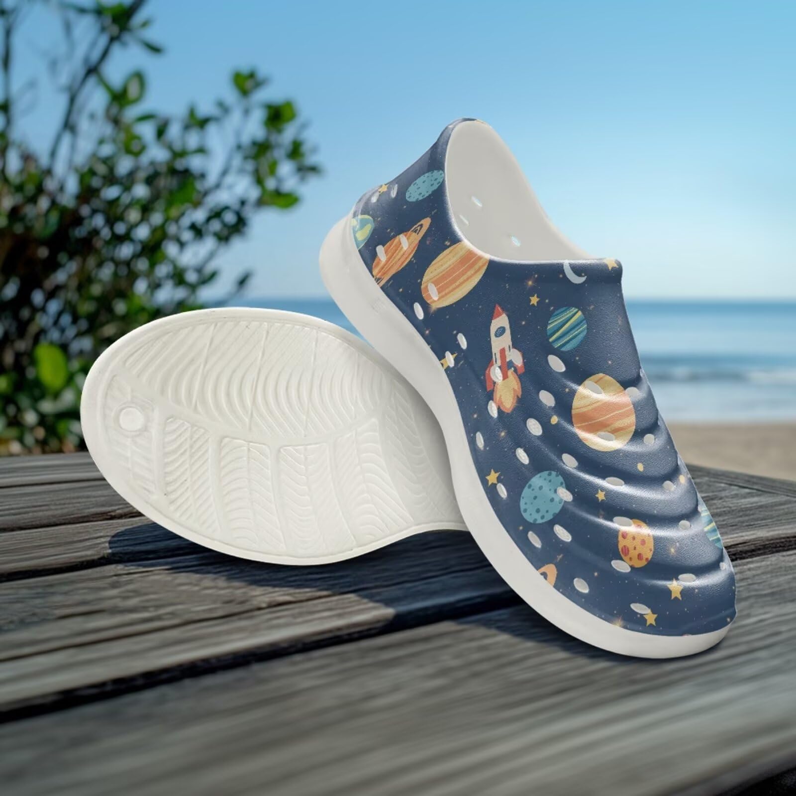 Watdotory Boys and Girls Lightweight Slip On Sneaker Water Sandals Space Rocket Planet Print Garden Clogs for Beach Pool
