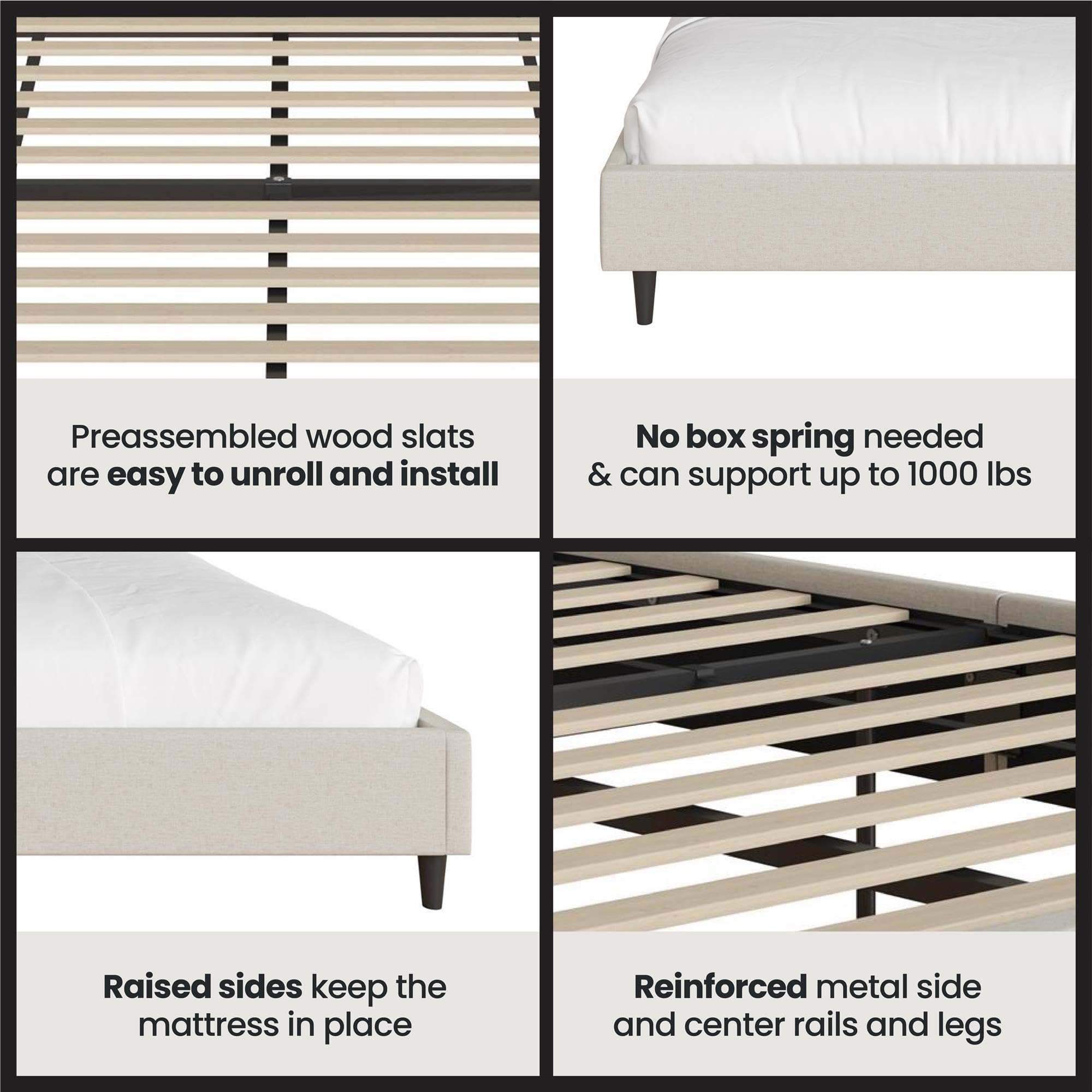 Close-up showing preassembled wood slats, no box spring needed, raised sides, and reinforced metal side and center rails and legs
