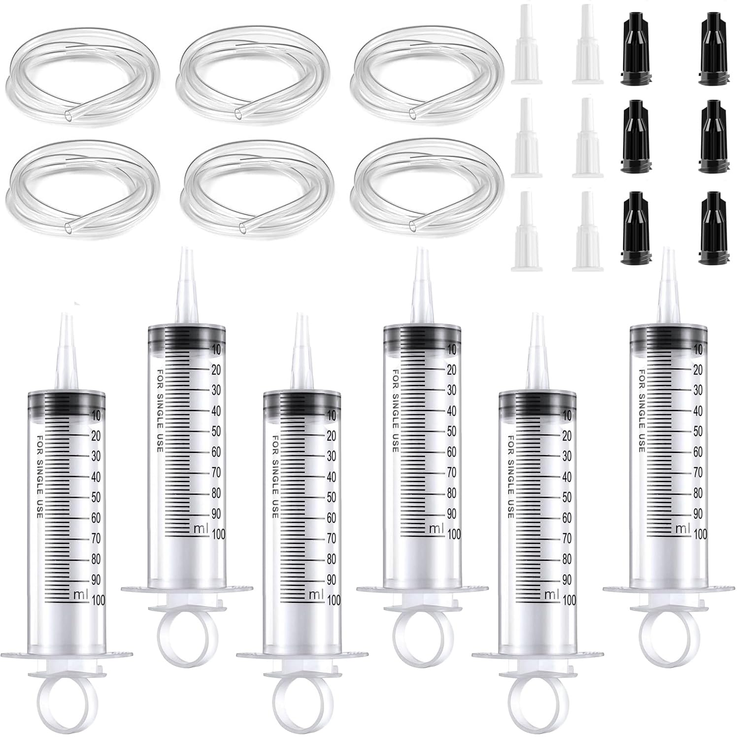 6PCS Syringe 100ml Large Syringe with 6 Catheter Tips and Tubes suitable for Liquid and Oil Suction Scientific Lab Experiments Pet Feeding Watering and other Non Medical Uses