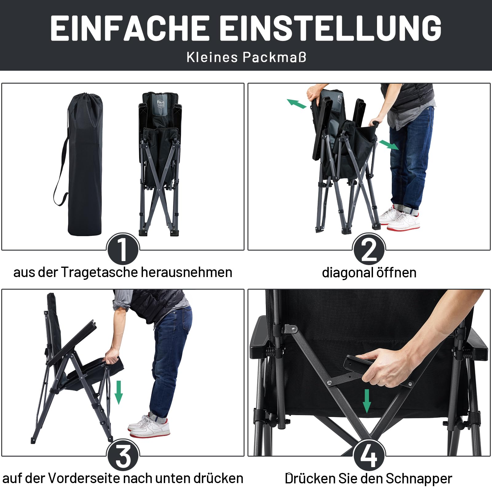 TIMBER RIDGE Campingstuhl Faltbar 260 KG Belastbar 4 Positionen verstellbar Klappstuhl Gepolstert Hohe Lehne mit Tragetasche Camping Stuhl Gartenstuhl für Garten Balkon Wohnmobil Picknick