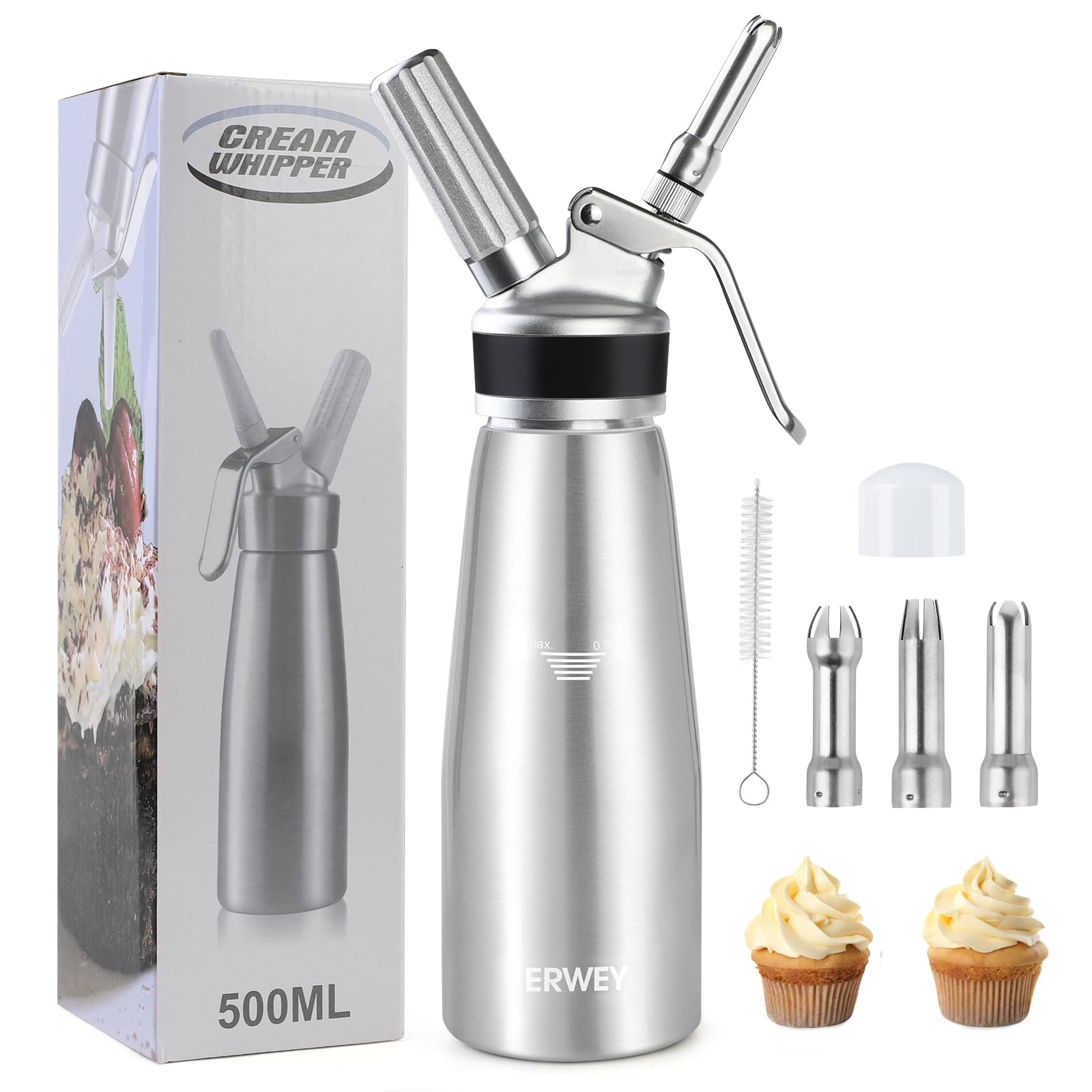 ERWEY Sifone Panna Montata 500ml, Sifone da Cucina Alluminio, Sifone Panna con 3 Ugelli e 1 Spazzola da Pulizza, Sifone per Panna Montata per Decorazione Torte e Dessert (Argento)