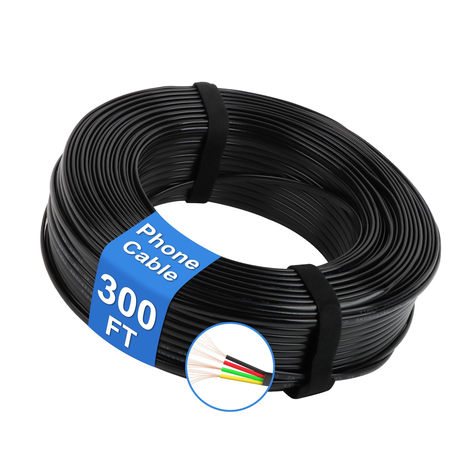 Uvital Cable de teléfono de 300 pies negro (100 m de largo) calibre 26 AWG, extensión de línea de cable telefónico, compatible con conector RJ11 4P4C de extremo de crimpado
