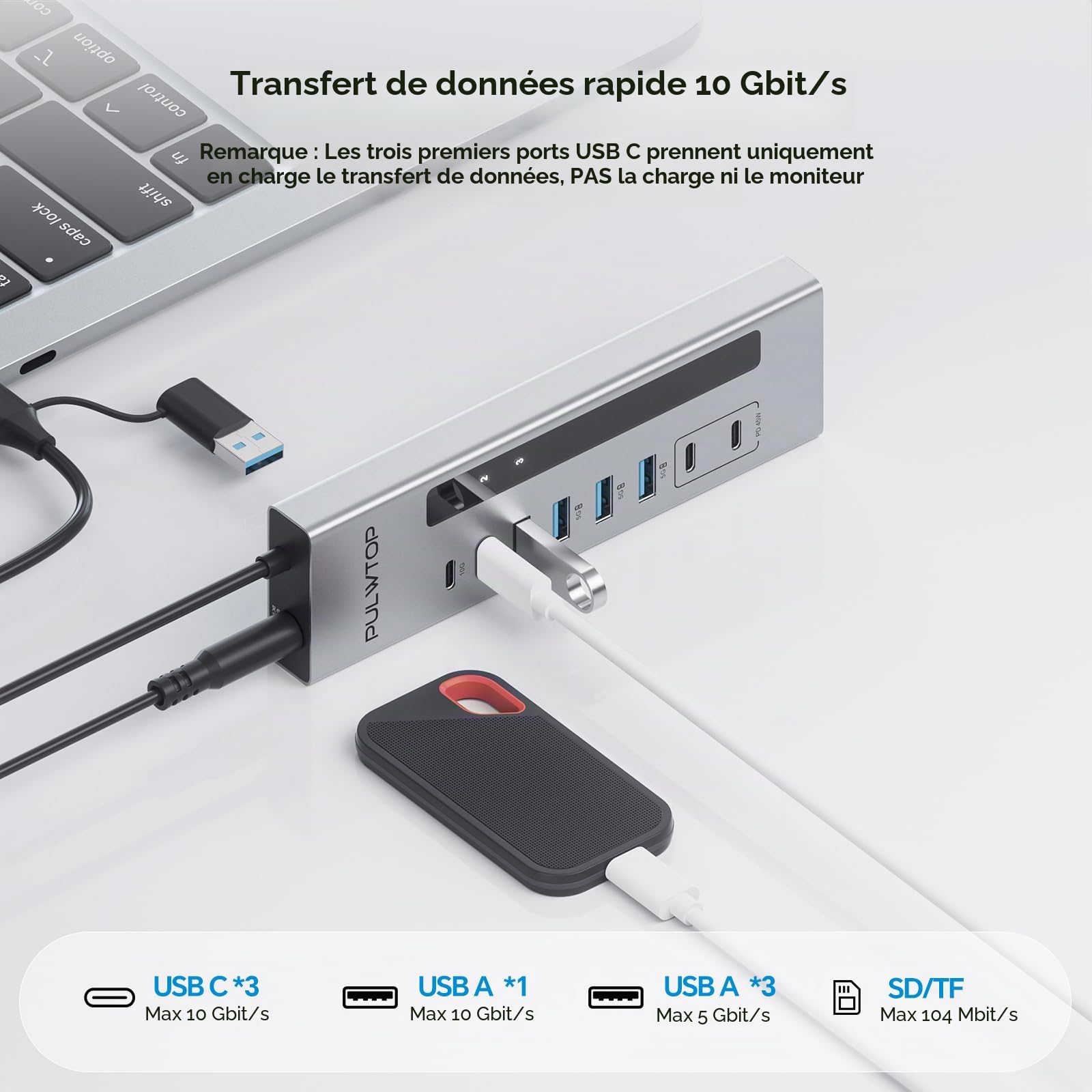 Hub USB-C alimenté 11-en-1 avec 2 Ports de Charge USB-C PD 24/45 W | PULWTOP USB HUB avec SD/TF, 2 * USBC 10 Gbps, 4 * USBA 5/10 Gbps et 2 * 24/45W Type-C PD Ports (Adaptateur DC 72W Inclus)