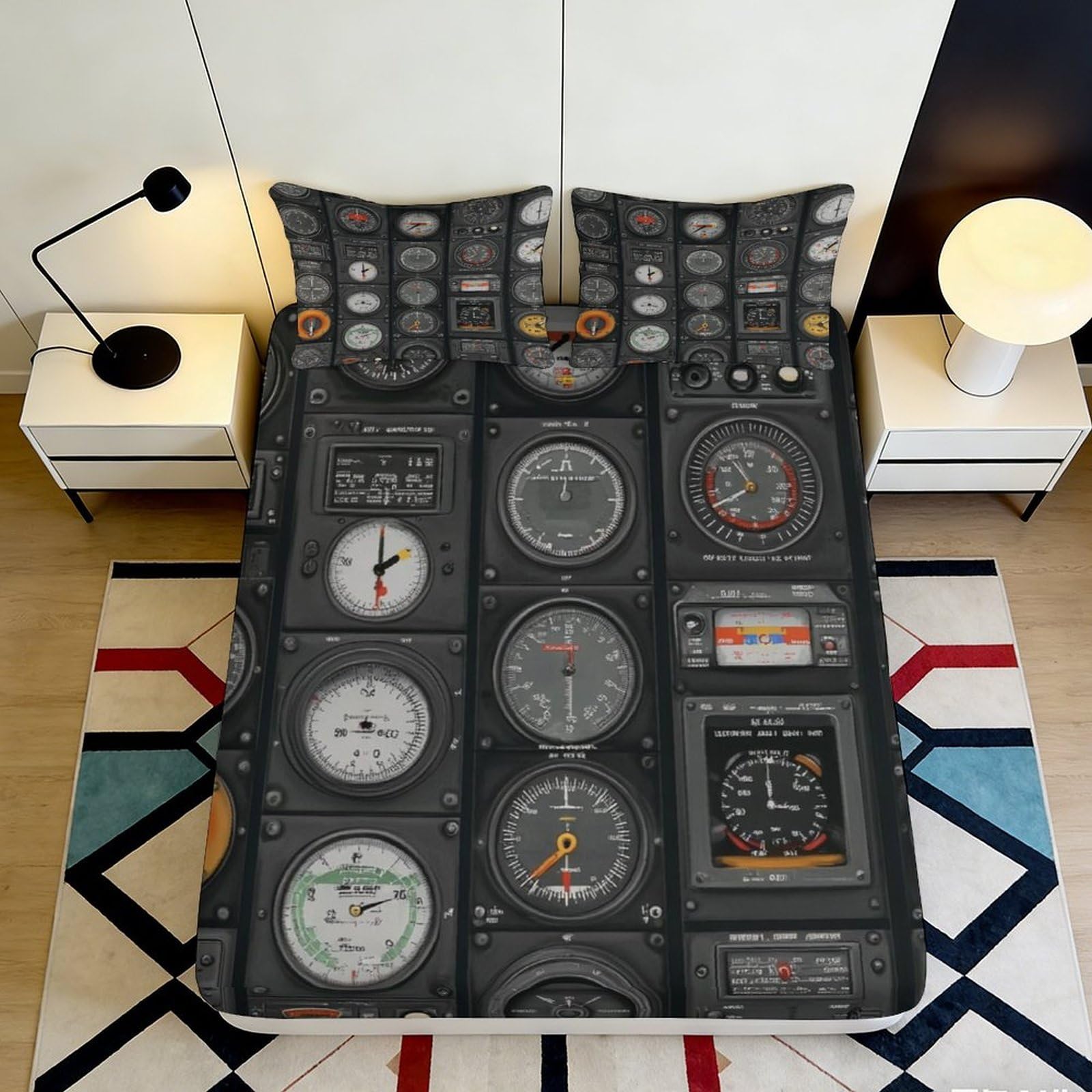 3D Printed Cockpit Instrument Panel Fitted Sheet Microfiber Soft Breathable Airplane Gauge Bed Cover Bedroom Decor 90x200x25cm