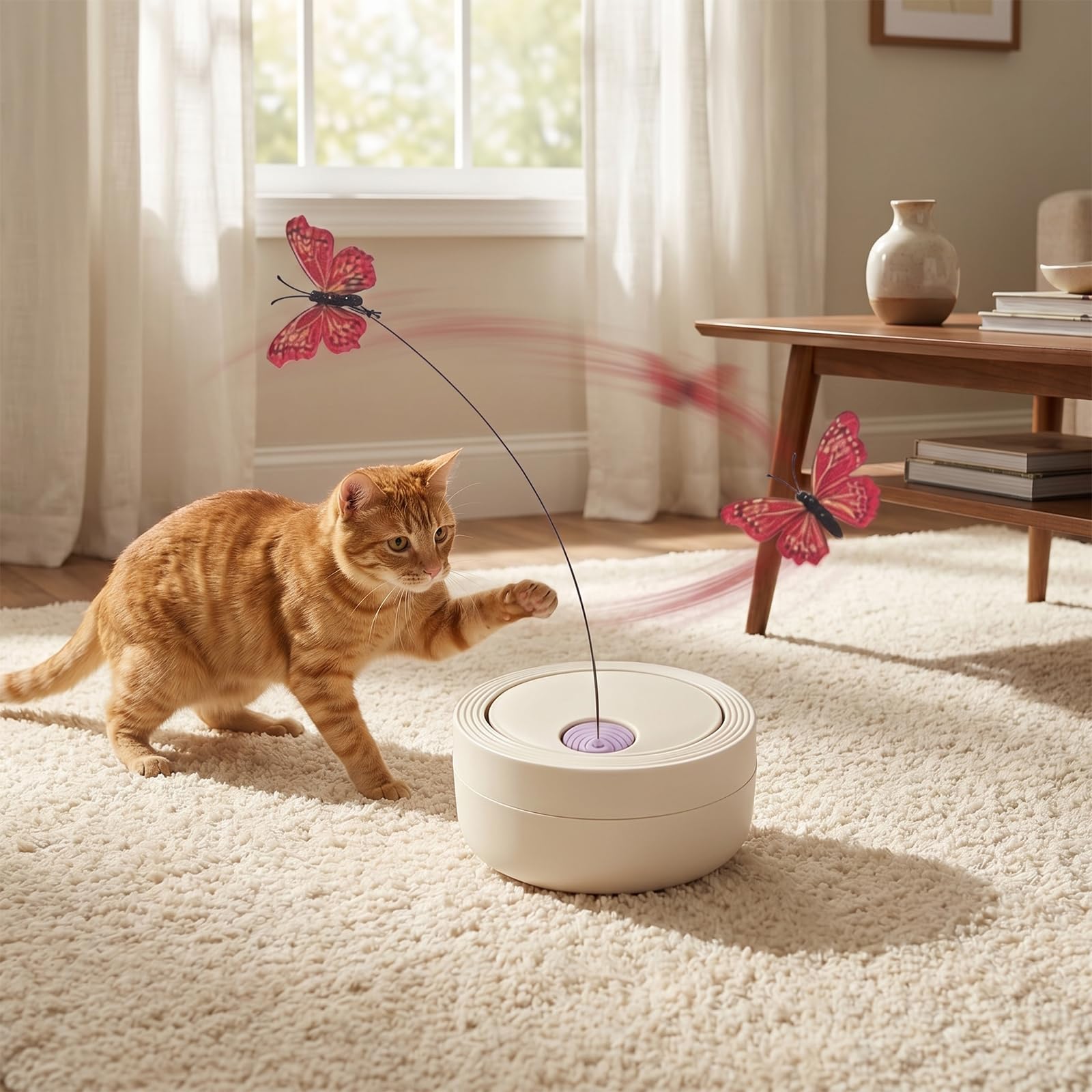 Giocattolo interattivo per gatti a forma di farfalla, giocattolo elettrico automatico per gatti da interni, con rotazione a 360°, 2 sostituzioni, viola