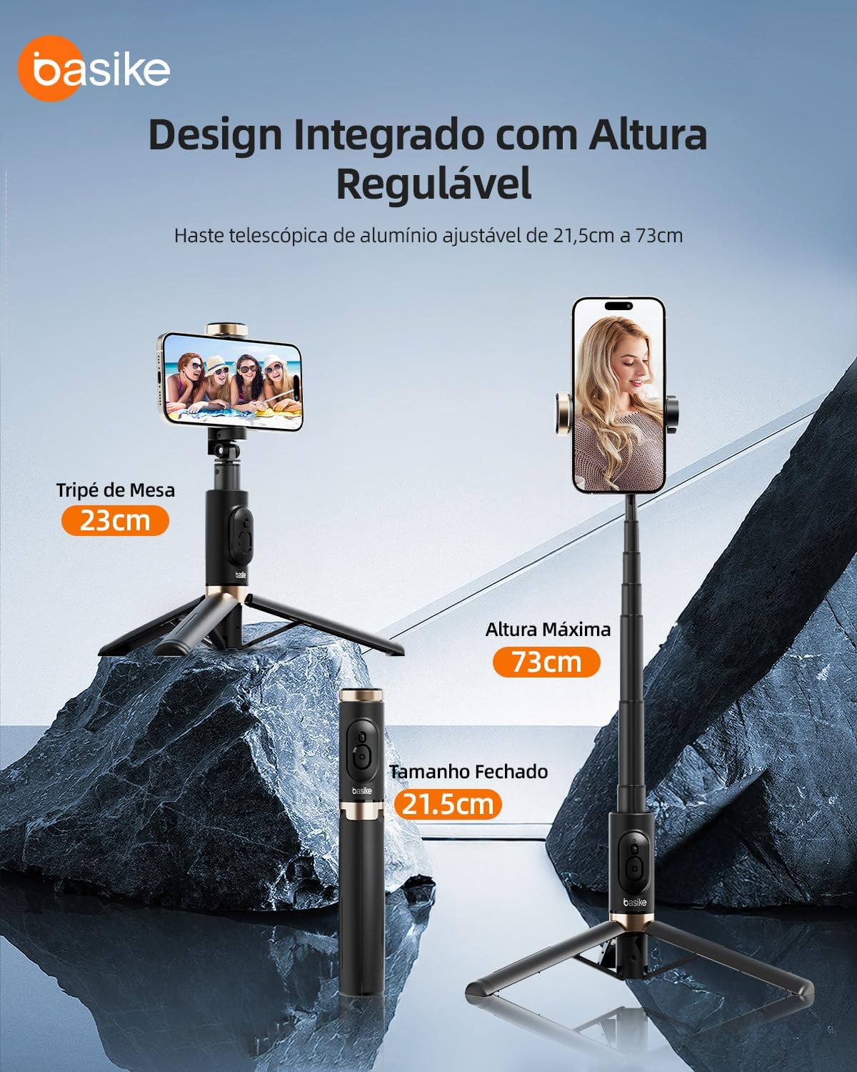 Basike Tripé para Celular 3 em 1 73cm – Bastão de Selfie Dobrável Portátil com Controle Remoto, Rotação 360°, Base Triangular Reforçada, Pau de Selfie Compatível com iPhone e Android – Preto