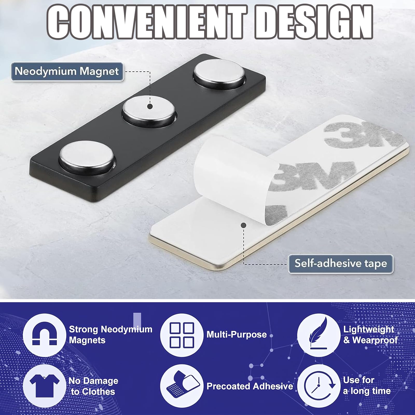 Lot de 50 porte-badges magnétiques réutilisables pour attacher en toute sécurité des badges d'identité, des étiquettes nominatives et des accessoires avec 3 aimants en néodyme et dos adhésif pour