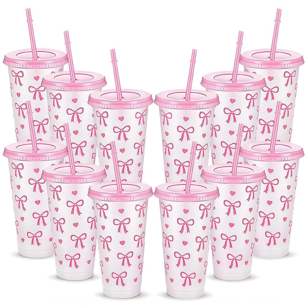 12 Bicchieri con Fiocco Rosa 700ml con Coperchio e Cannuccia – Bicchieri Riutilizzabili per Feste, Addii al Nubilato, Matrimoni, Ufficio