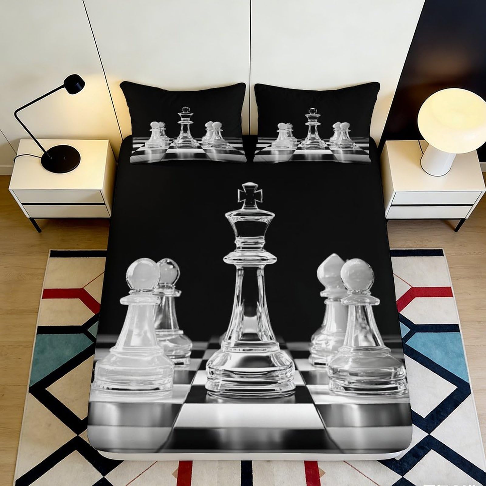 3D Printed Chess Game Fitted Sheet Microfiber Soft Black White Chessboard Bed Cover for Bedroom Guest Room Decor 90x200x25cm