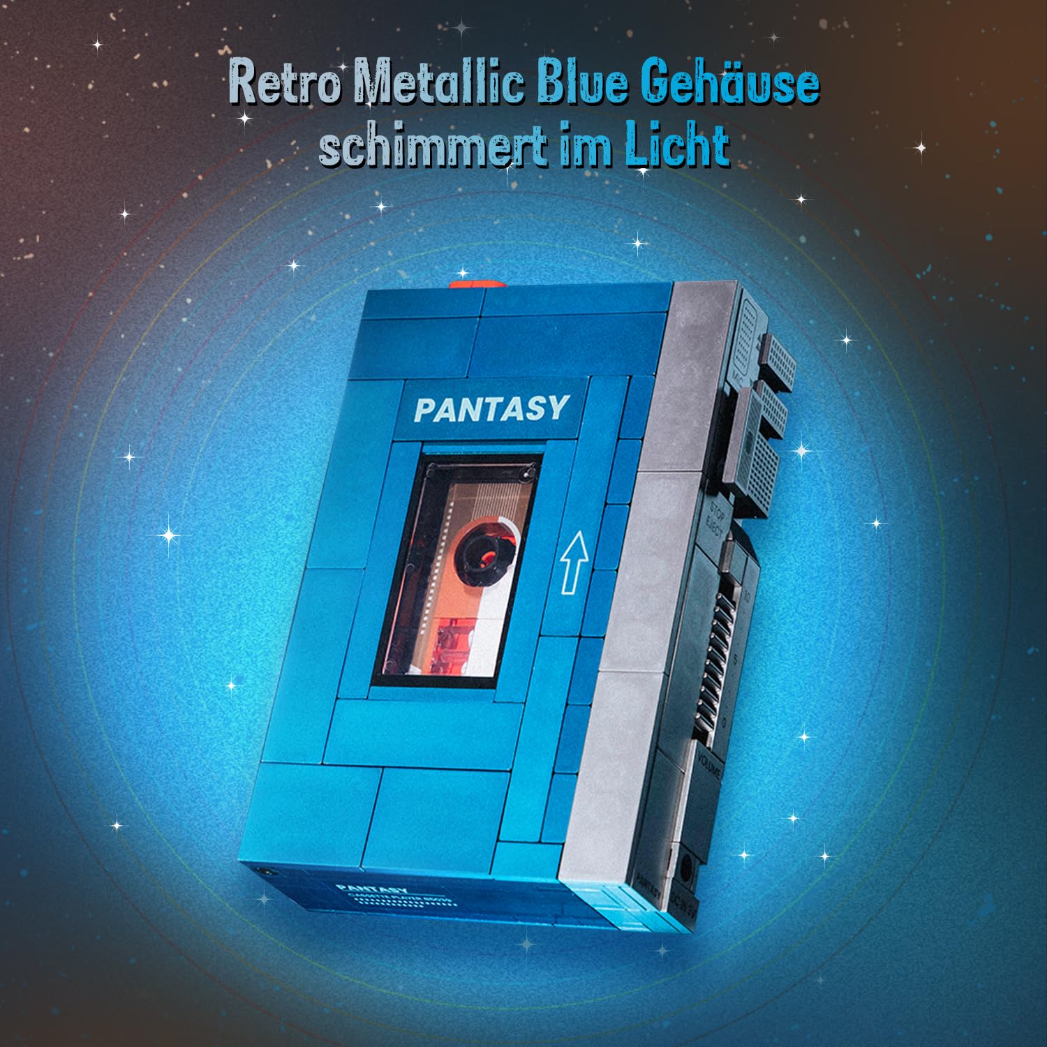 PANTASY Retro-Kassettenplayer Baustein-Modell, Tragbarer Tape-Player im 1970er-Stil mit Austauschbaren Kassetten & Kopfhörern, Vintage Musik-Display und Sammlerstück für Erwachsene