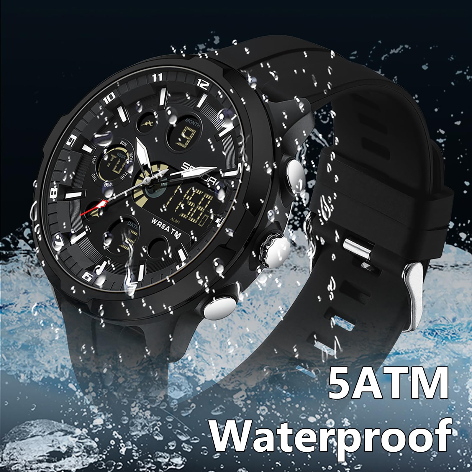findtime Montre de sport numérique étanche pour homme, alarme, chronomètre, veilleuse, alertes horaires, grand cadran en silicone, montre militaire pour gym, natation, course à pied, utilisation