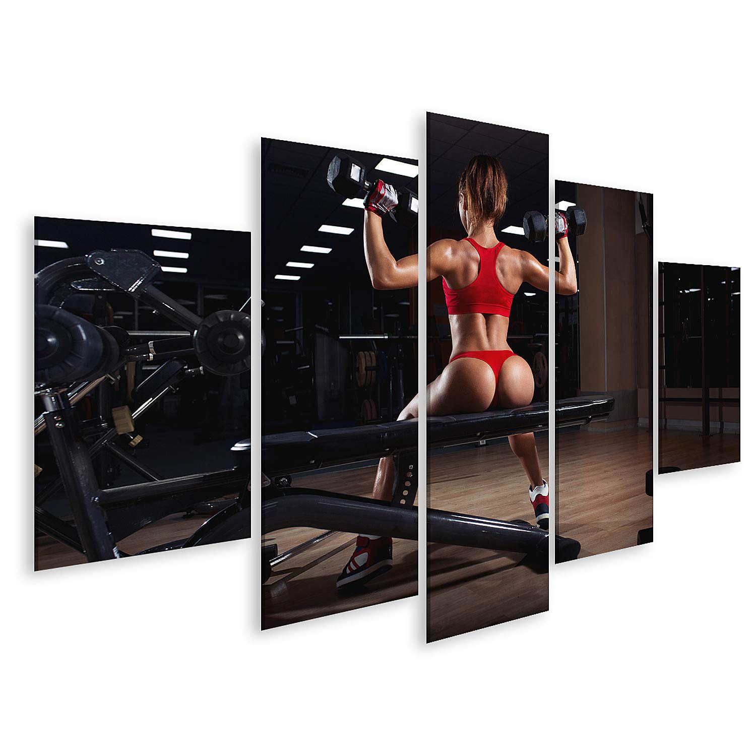 islandburner Quadro su tela giovane donna di fitness in rosso con i muscoli della schiena tagliuzzato facendo manubri pressa spalle in palestra Stampe Arte Poster Murale