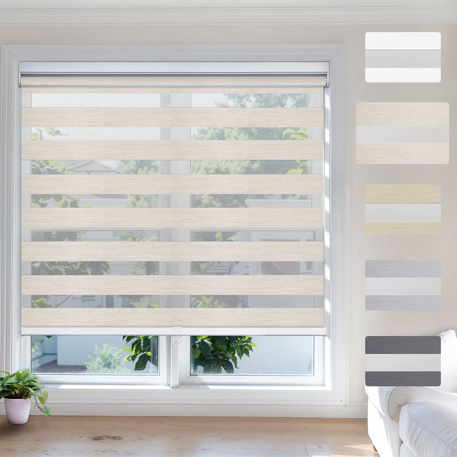 UrMoon Cordless Zebra Blinds for Windows Privacy Zebra Roller Shades Pull Down Shades for Windows Dual Layer Roller Blinds for Home and Office, 80% Blackout Beige, Custom Size